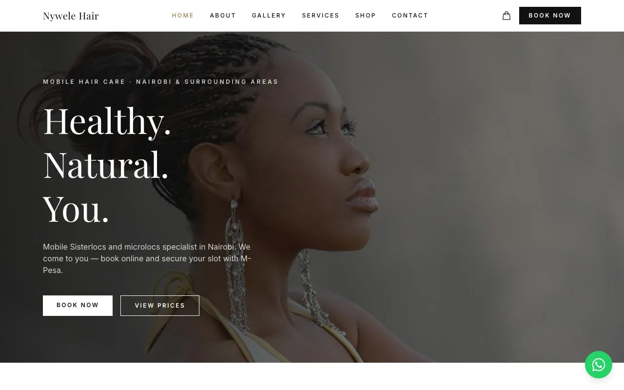 Nywele Hair home page: the headline “Healthy. Natural. You.” over a photo of a woman with locs, with Book now and View prices buttons